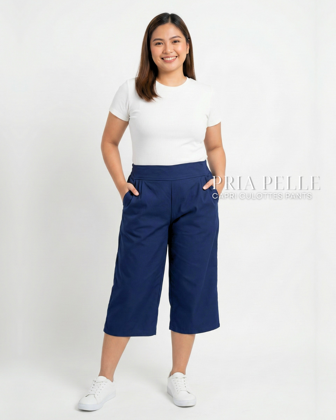 Pria Pelle Capri Culottes Pants | Back garter - Cotton Twill Navy | Non Stretch