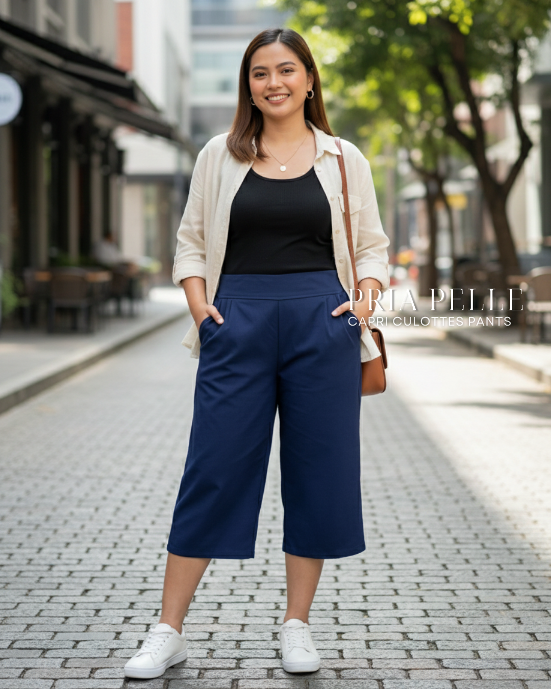 Pria Pelle Capri Culottes Pants | Back garter - Cotton Twill Navy | Non Stretch