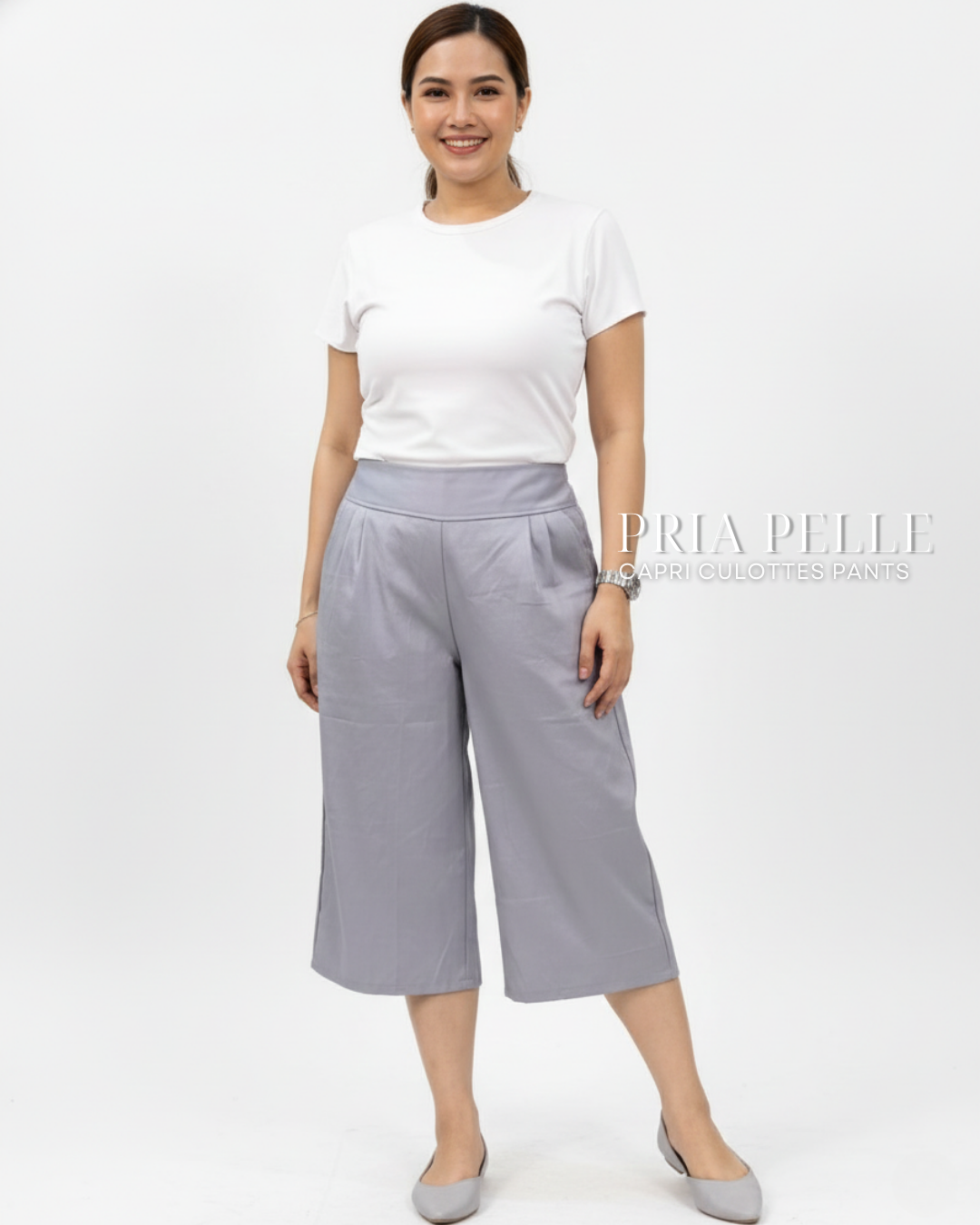 Pria Pelle Capri Culottes Pants | Back garter - Cotton Blend Soft Steel Gray | Non Stretch