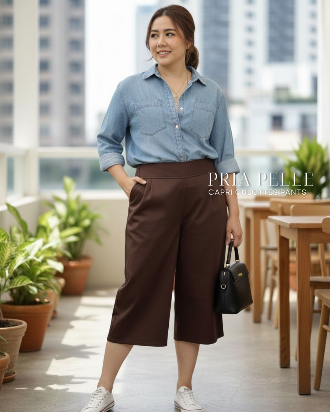 Pria Pelle Capri Culottes Pants | Back garter - Cotton Twill Chocolate Brown