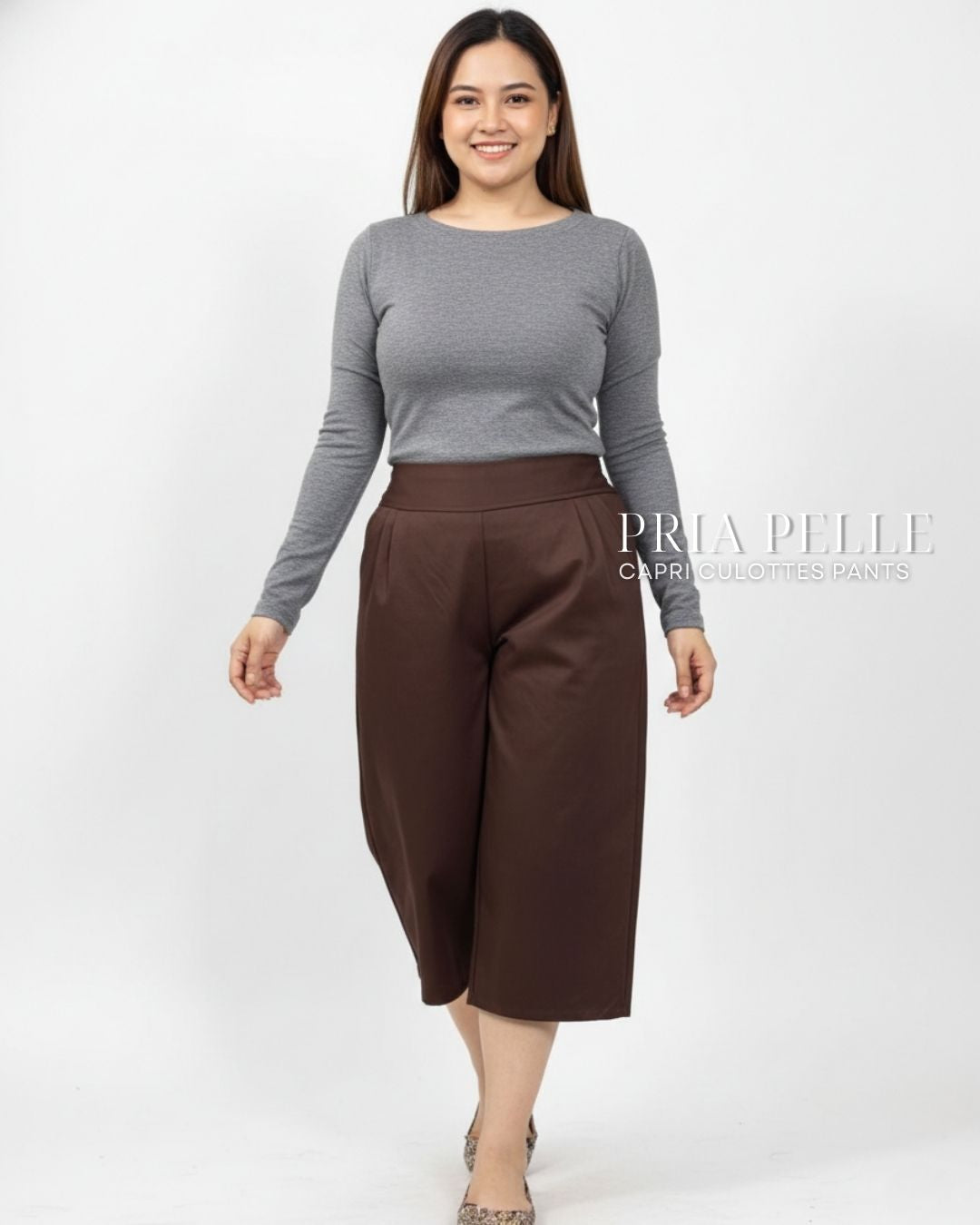 Pria Pelle Capri Culottes Pants | Back garter - Cotton Twill Chocolate Brown