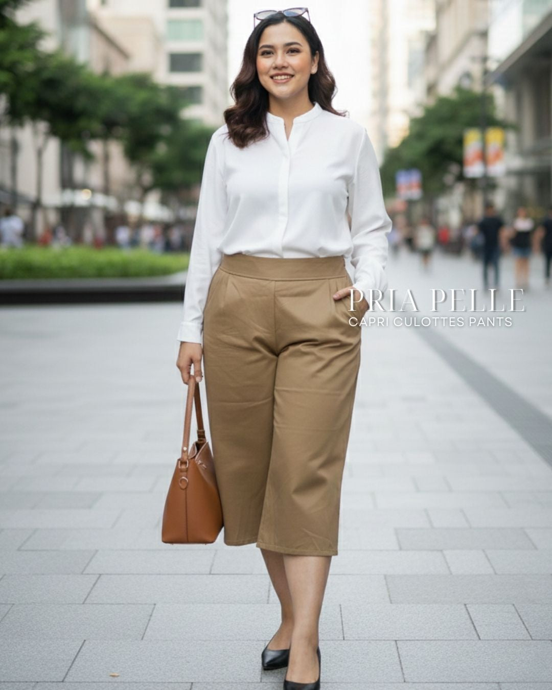 Pria Pelle Capri Culottes Pants | Back garter - Cotton Twill Khaki Brown