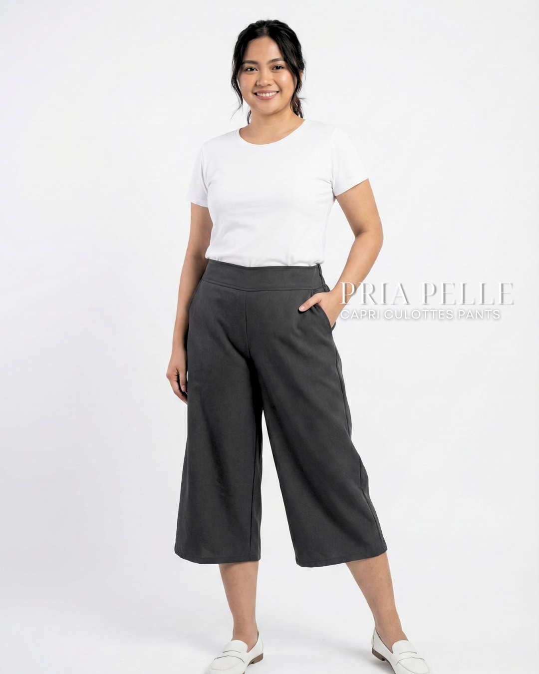 Pria Pelle Capri Culottes Pants | Back garter - Cotton Blend Soft Charcoal | Non Stretch