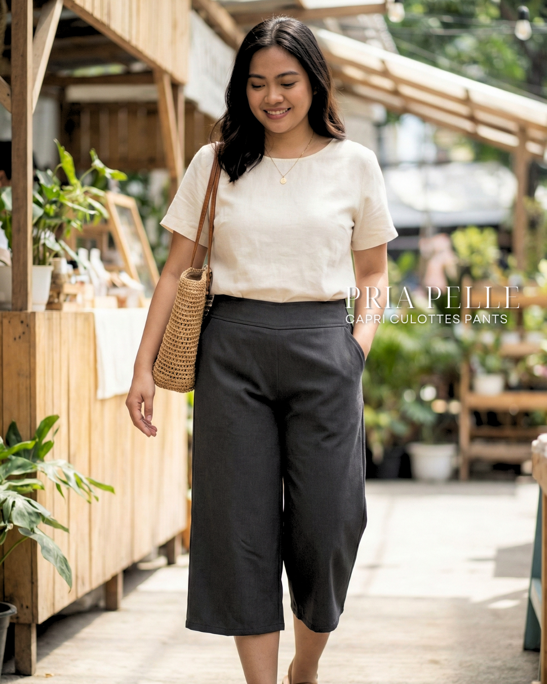 Pria Pelle Capri Culottes Pants | Back garter - Cotton Blend Soft Charcoal | Non Stretch