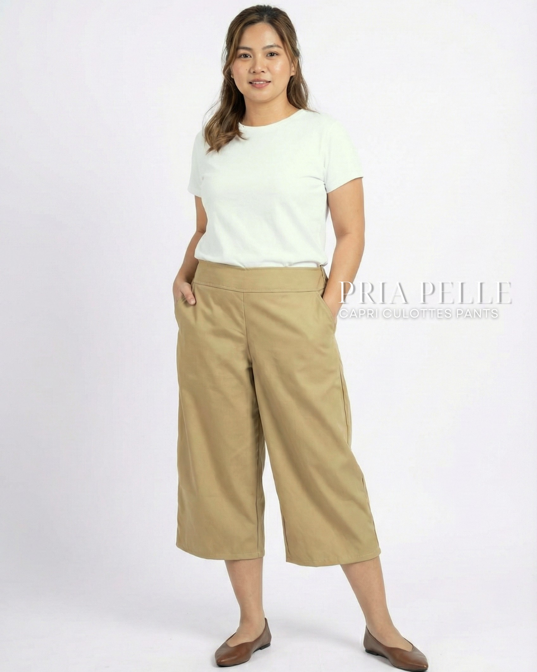 Pria Pelle Capri Culottes Pants | Back garter - Cotton Blend Green Sheen | Non Stretch