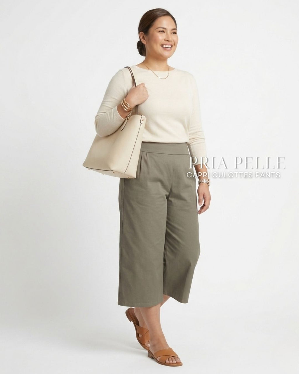 Pria Pelle Capri Culottes Pants | Back garter - Cotton Twill Dark Gray Olive | Non Stretch