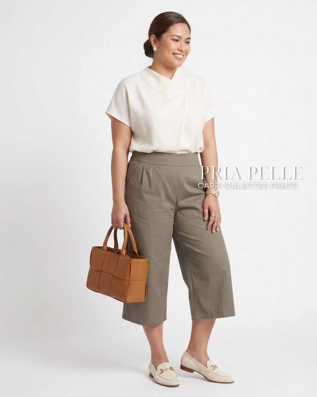 Pria Pelle Capri Culottes Pants | Back garter - Cotton Twill Dark Gray Olive | Non Stretch