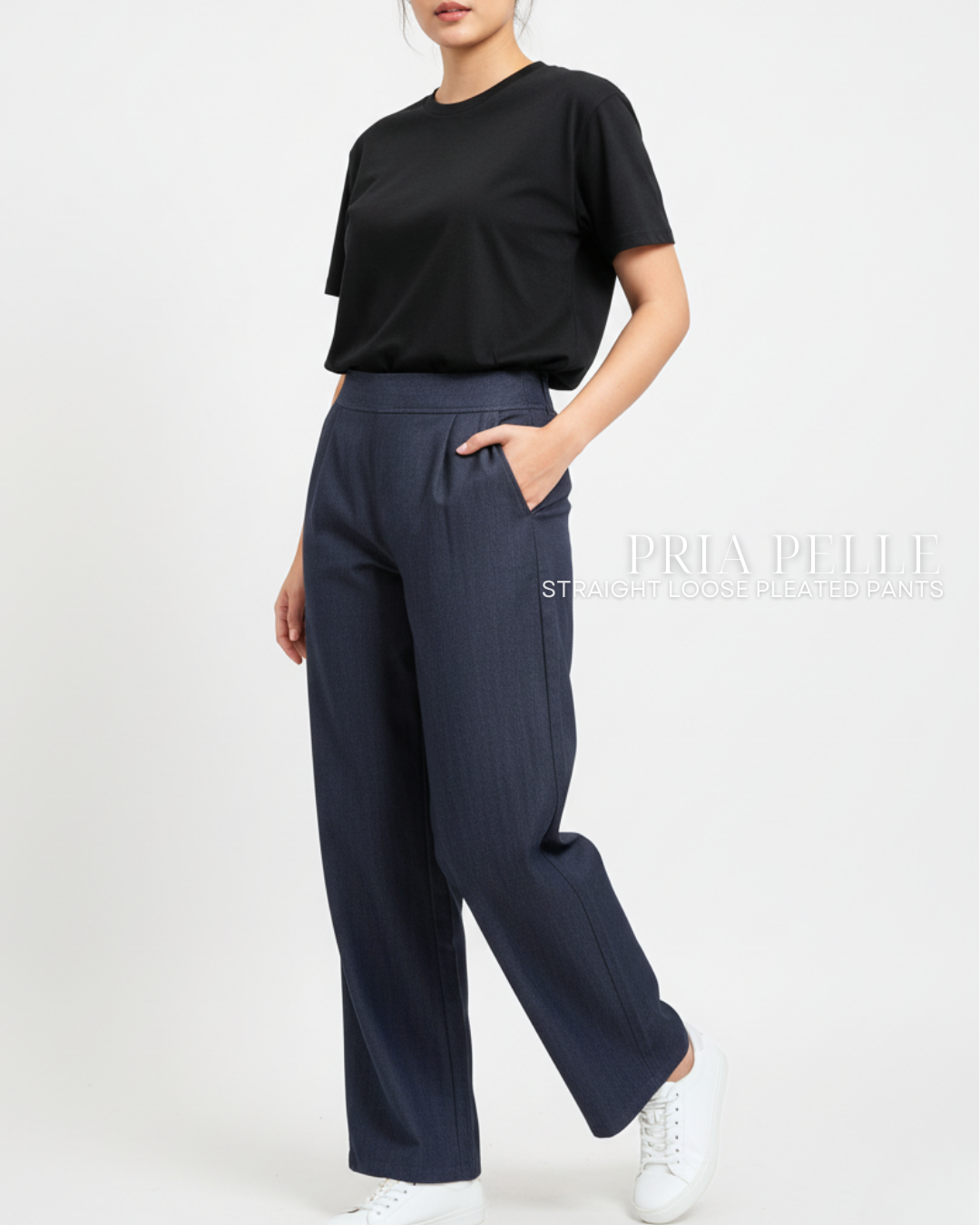 Pria Pelle Straight Loose Pleated Pants | Back Garter - Denim Steel - with Stretch Allowance