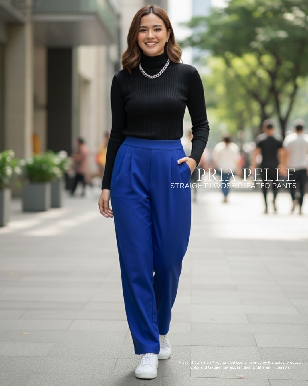 Pria Pelle Straight Loose Pleated Pants | Back Garter - Cotton Blend Royal Blue - Non Stretch