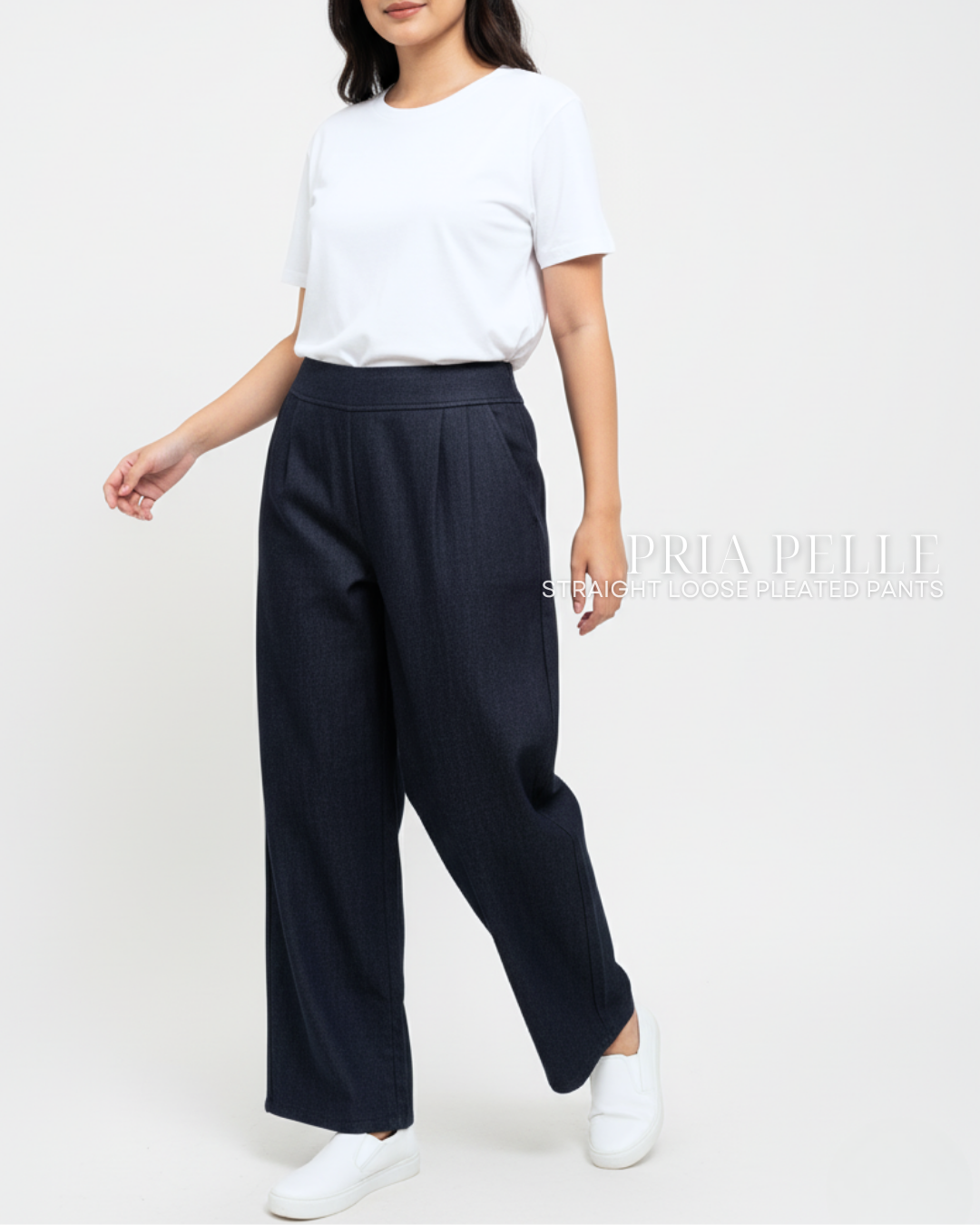 Pria Pelle Straight Loose Pleated Pants | Back Garter - Denim Dark Gray - with Stretch Allowance