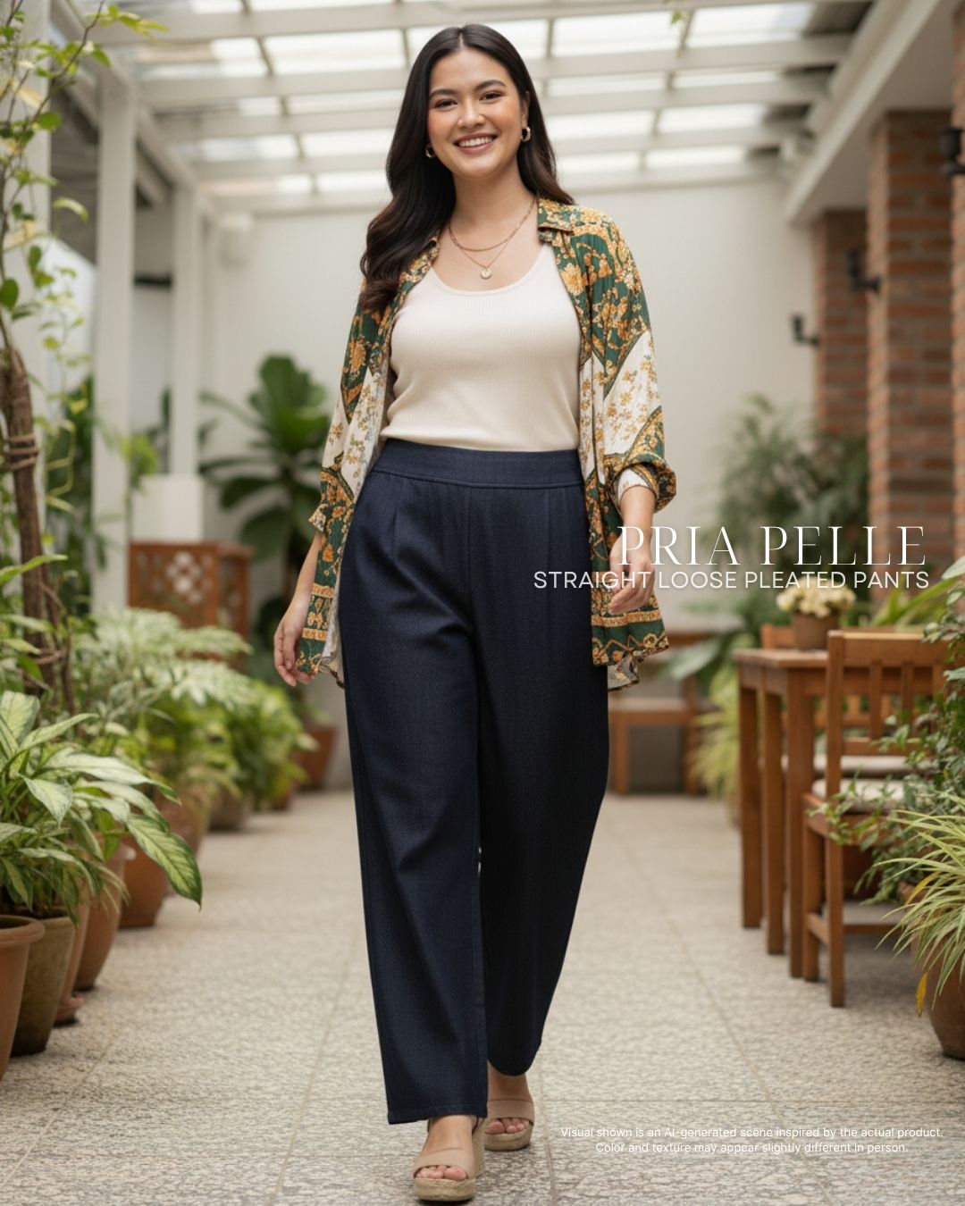 Pria Pelle Straight Loose Pleated Pants | Back Garter - Denim Dark Gray - with Stretch Allowance