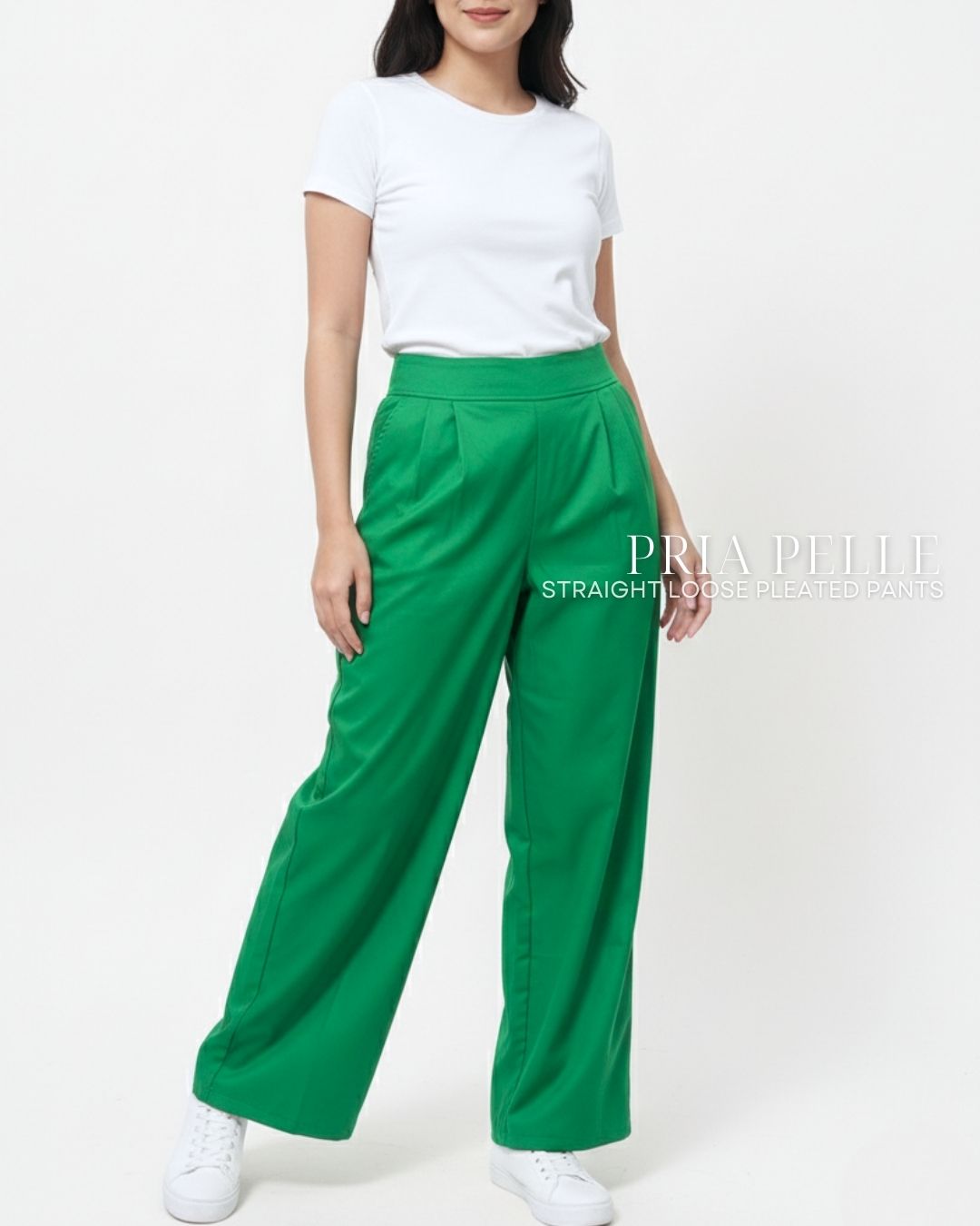 Pria Pelle Straight Loose Pleated Pants | Back Garter - Cotton Twill Light Green - Non Stretch