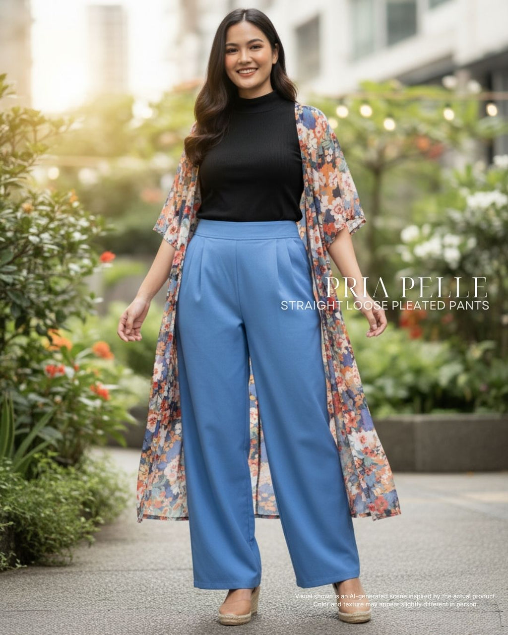 Pria Pelle Straight Loose Pleated Pants |  Back Garter - Cotton Twill Dodger Blue - Non Stretch