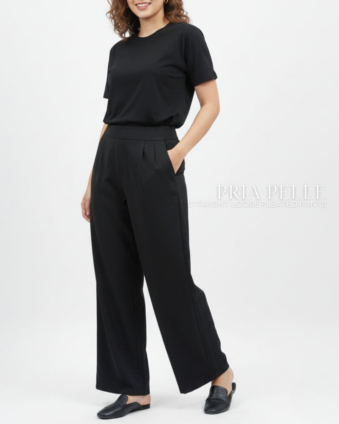Pria Pelle Straight Loose Pleated Pants | Back Garter - Cotton Twill Black - Non Stretch
