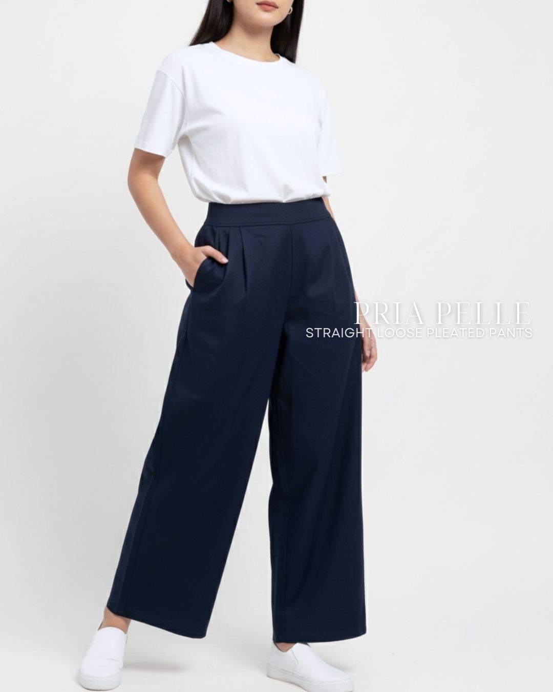 Pria Pelle Straight Loose Pleated Pants | Back Garter - Denim Midnight Blue - with Stretch Allowance