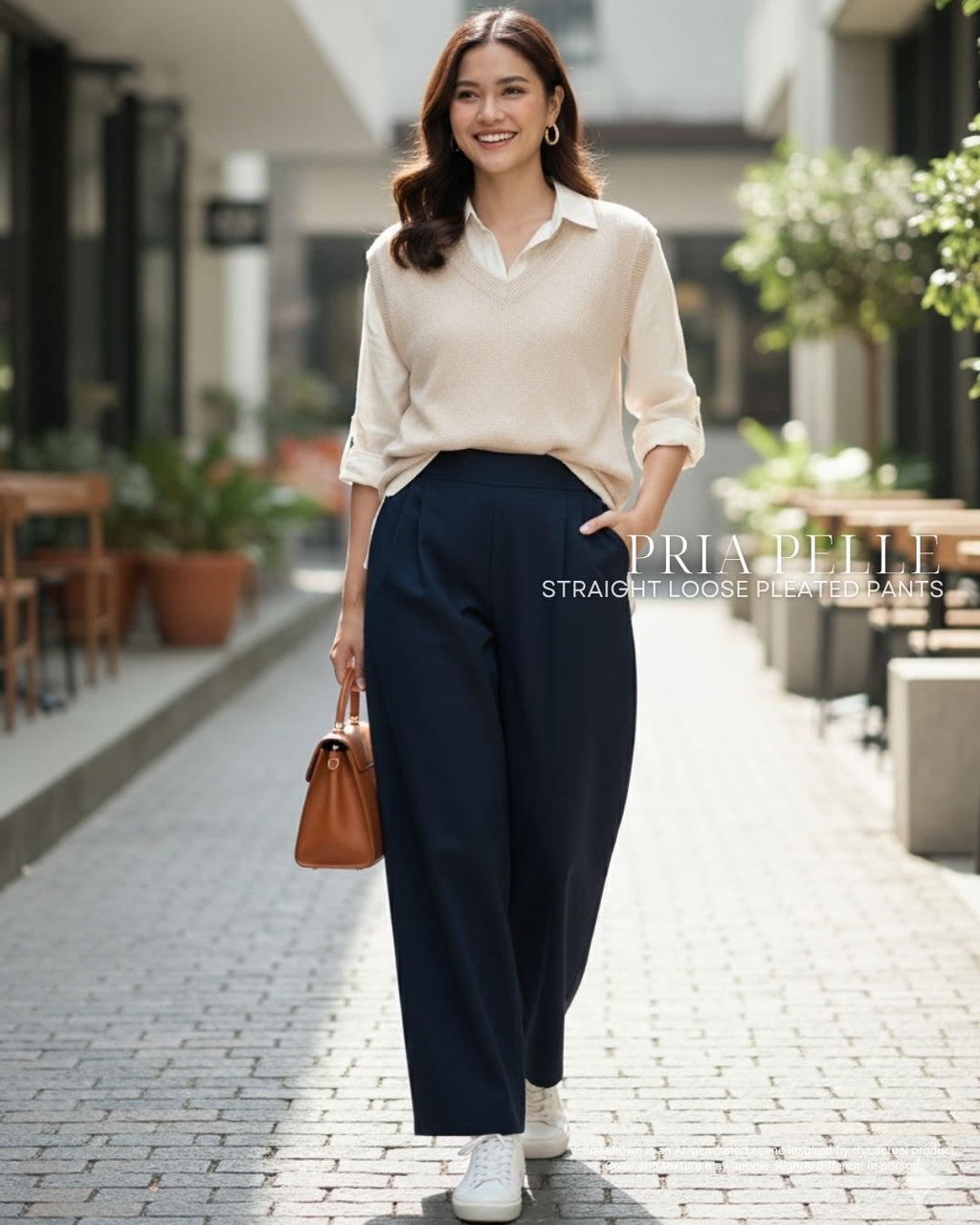 Pria Pelle Straight Loose Pleated Pants | Back Garter - Denim Midnight Blue - with Stretch Allowance