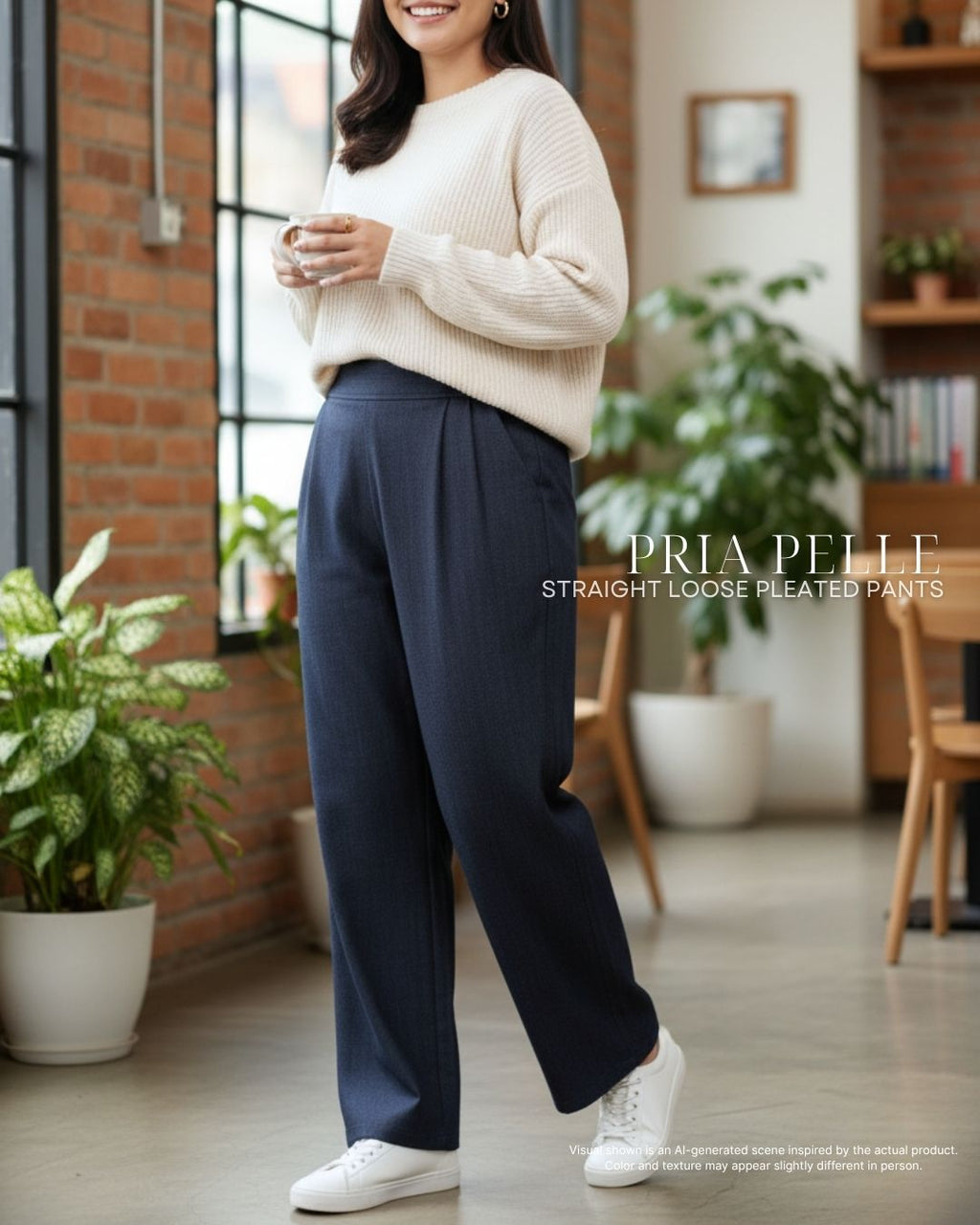 Pria Pelle Straight Loose Pleated Pants | Back Garter - Denim Steel - with Stretch Allowance