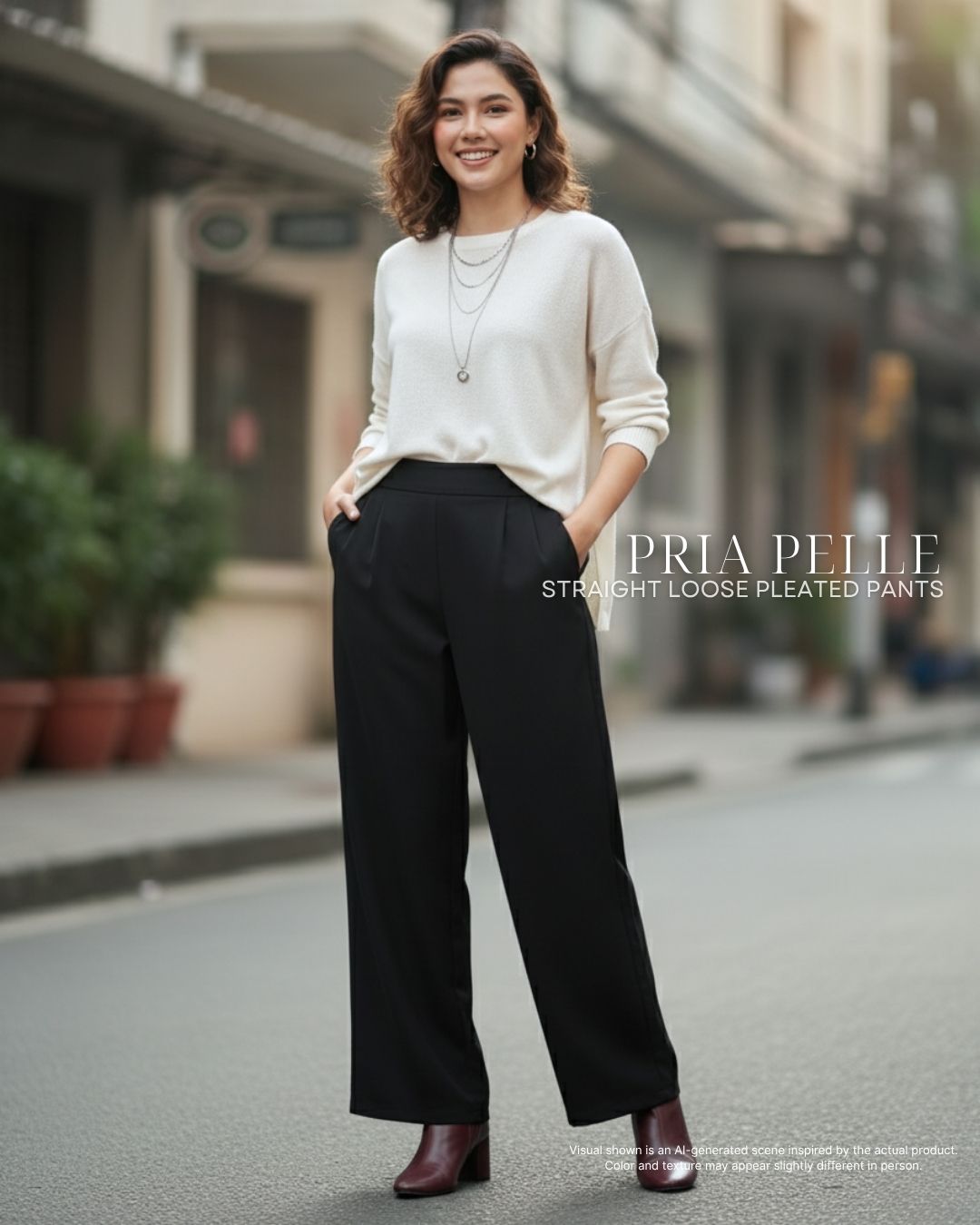 Pria Pelle Straight Loose Pleated Pants | Back Garter - Cotton Twill Black - Non Stretch