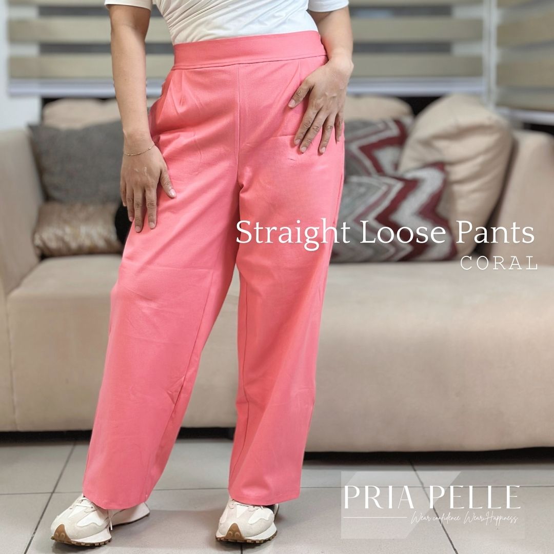 Pria Pelle Women's Straight Pleated Loose Pants | Twill Coral  | Stretch