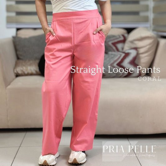 Pria Pelle Women's Straight Pleated Loose Pants | Twill Coral  | Stretch