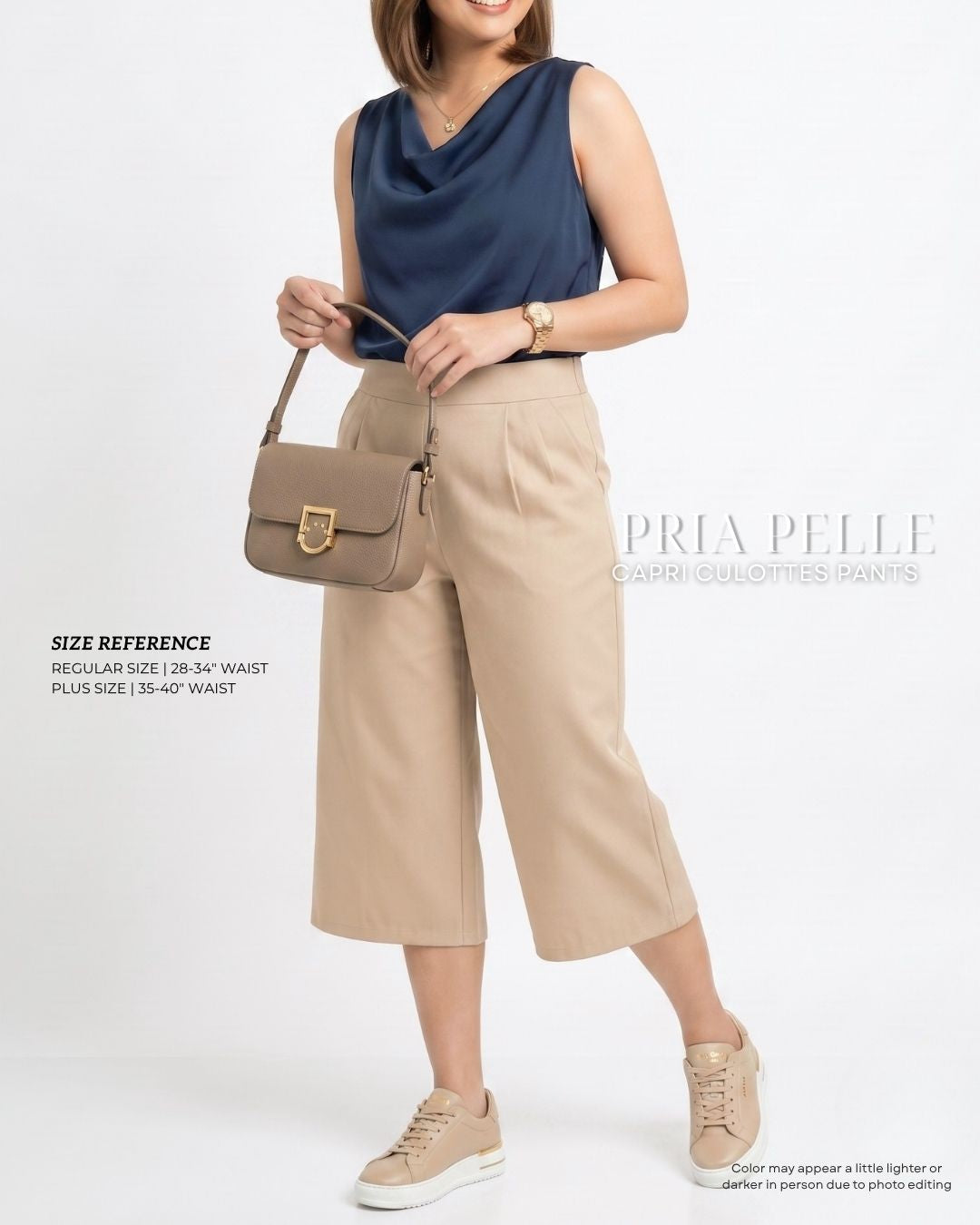 Pria Pelle Capri Culottes Pants | Back garter - Cotton Twill Champagne | Non Stretch