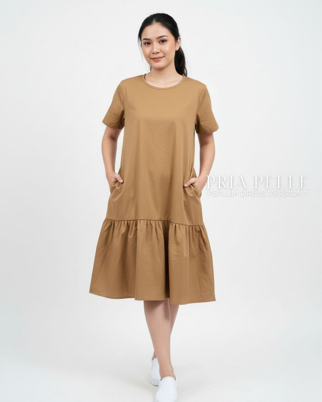 Pria Pelle Peplum Dress Version 1 | Cotton Blend Caramel - Non Stretch