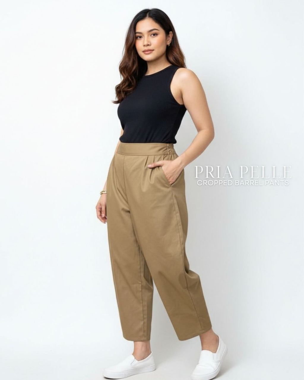 Pria Pelle Cropped Barrel Pants | Back Garter - Cotton Twill Khaki Brown