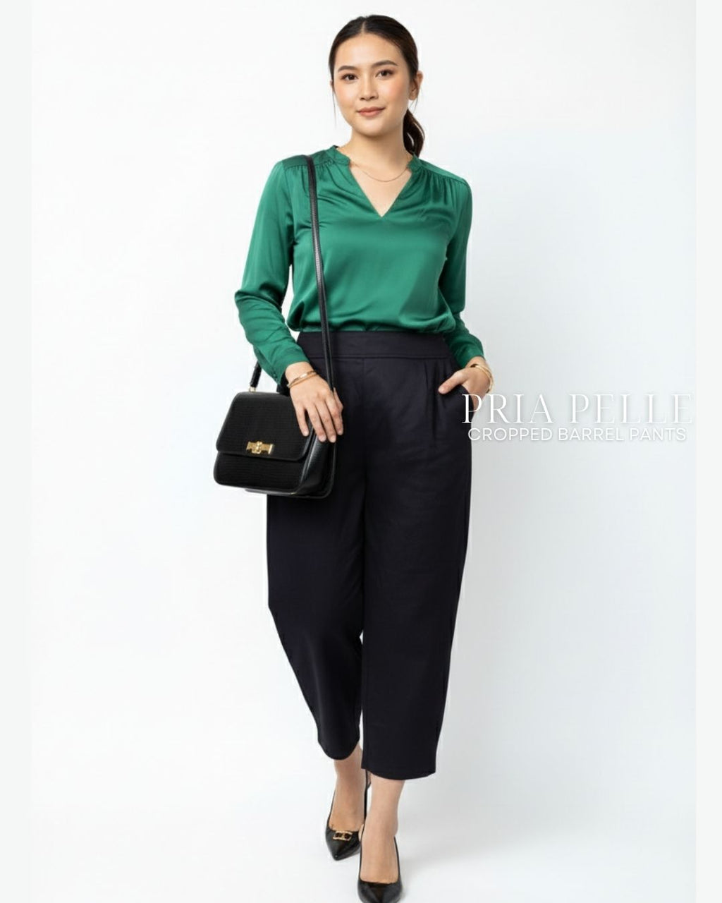 Pria Pelle Cropped Barrel Pants | Back Garter - Denim Black