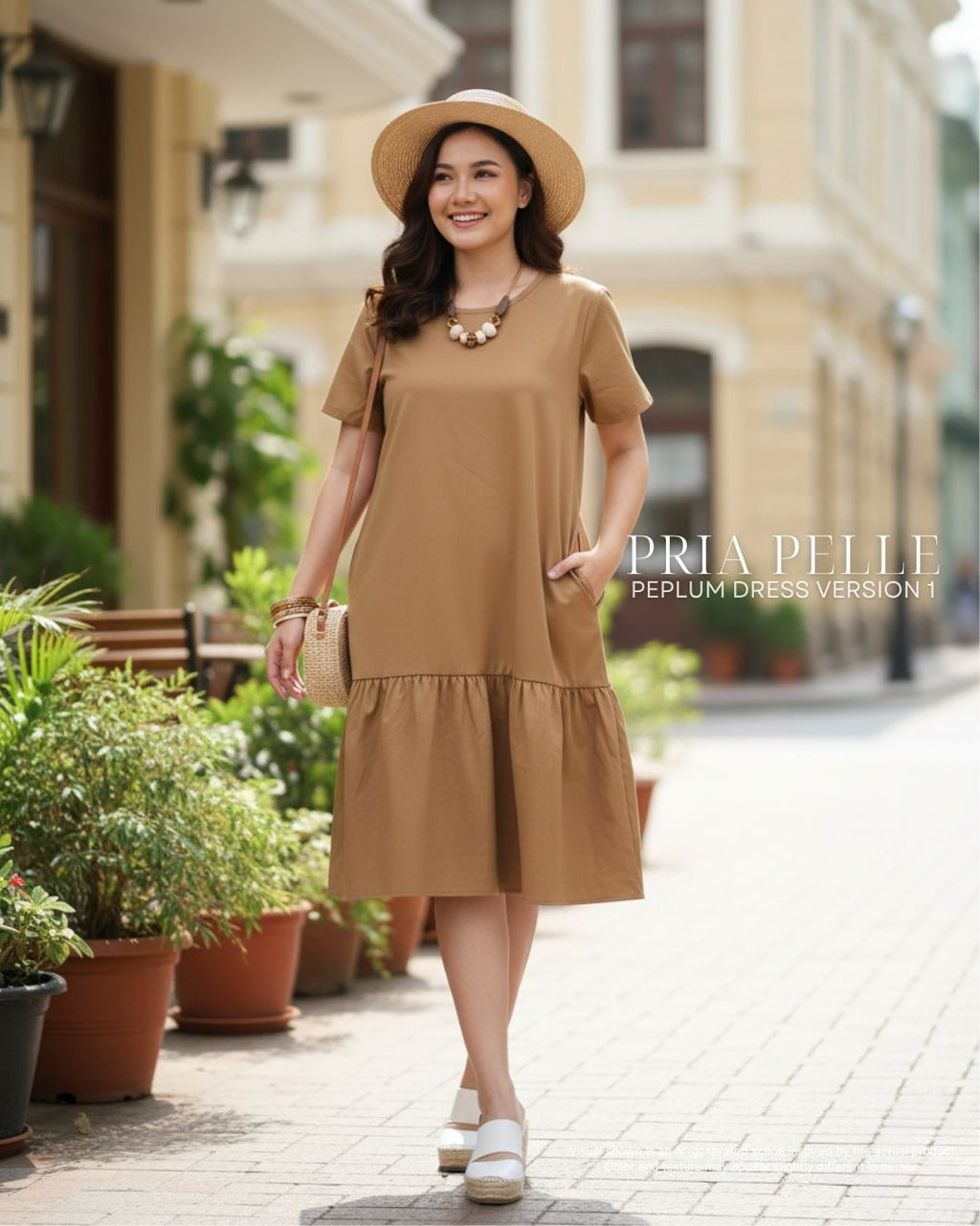 Pria Pelle Peplum Dress Version 1 | Cotton Blend Caramel - Non Stretch