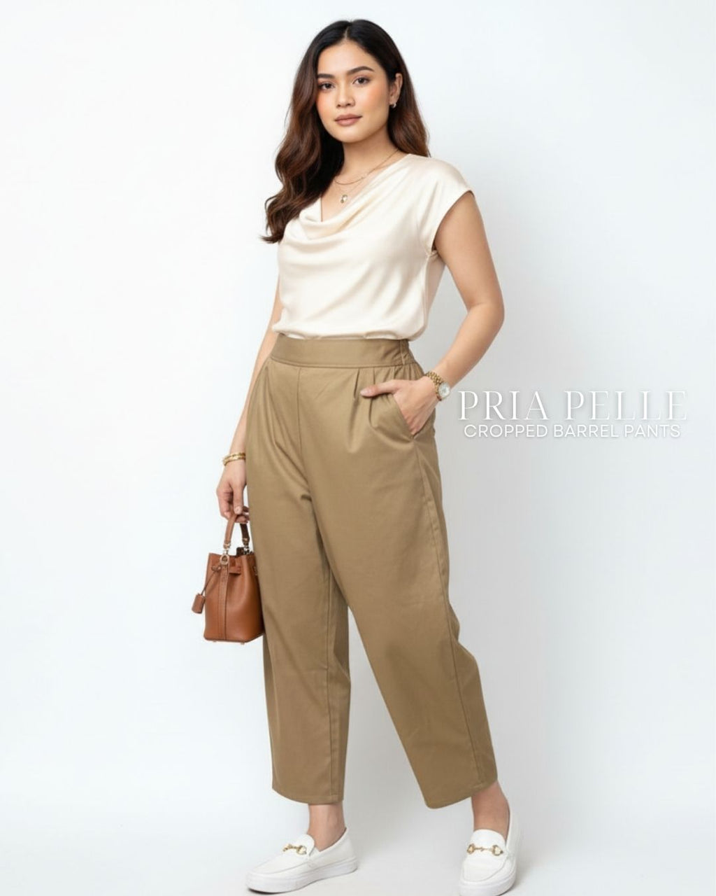 Pria Pelle Cropped Barrel Pants | Back Garter - Cotton Twill Khaki Brown