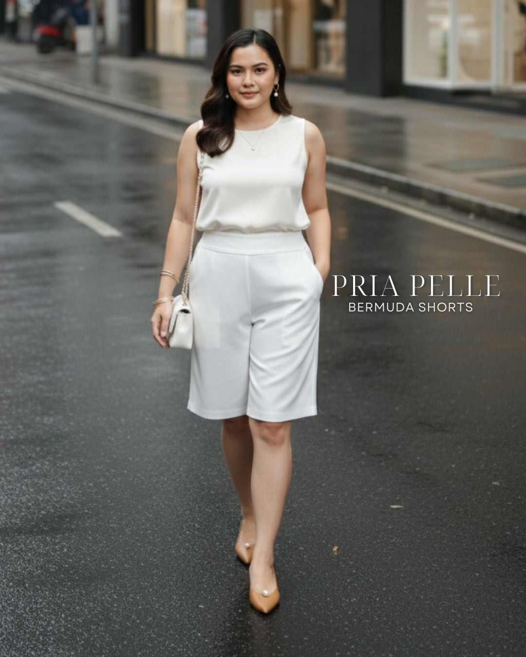 Pria Pelle Bermuda Shorts | Back garter - Cotton Blend Cloud Dancer | Non Stretch