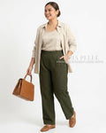 Pria Pelle Straight Loose Pleated Pants | Back Garter - Light Cotton Blend Army Green with Stretch