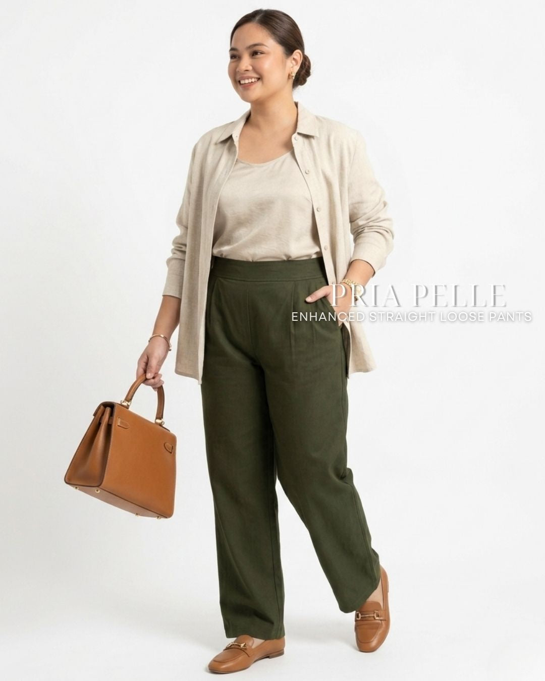 Pria Pelle Straight Loose Pleated Pants | Back Garter - Light Cotton Blend Army Green with Stretch