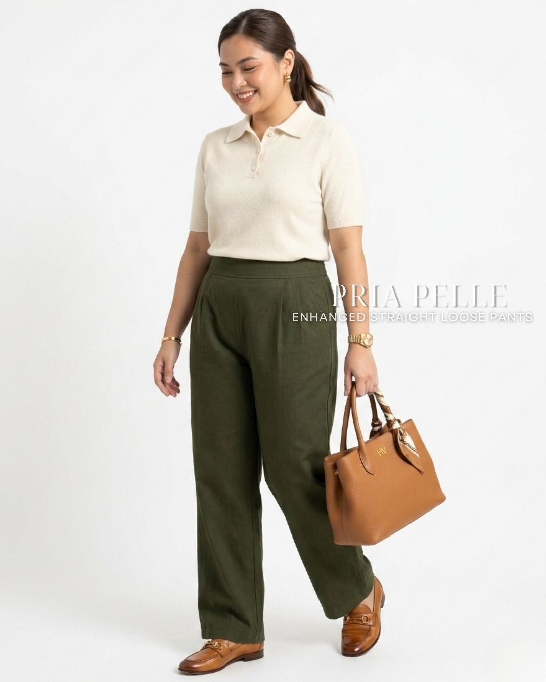 Pria Pelle Straight Loose Pleated Pants | Back Garter - Light Cotton Blend Army Green with Stretch