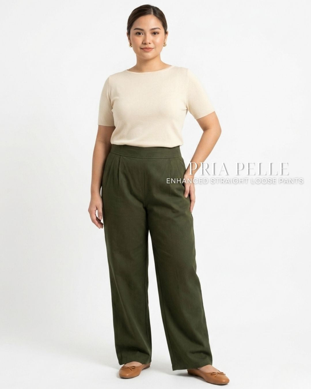 Pria Pelle Straight Loose Pleated Pants | Back Garter - Light Cotton Blend Army Green with Stretch