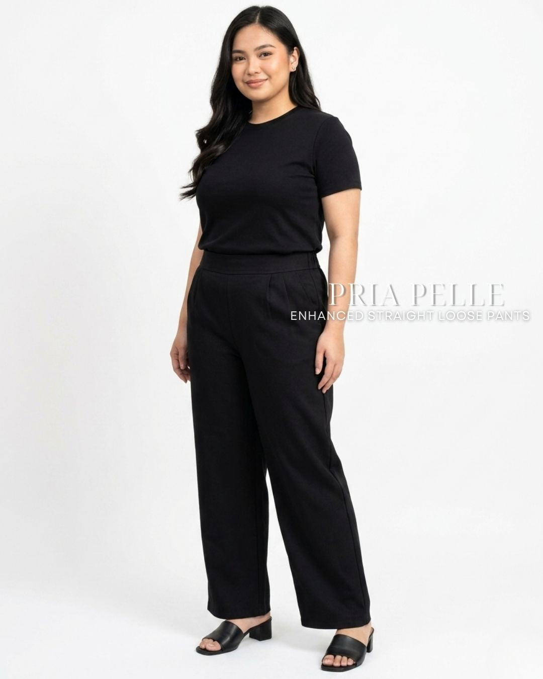 Pria Pelle Straight Loose Pleated Pants | Back Garter - Cotton Blend Black with Stretch