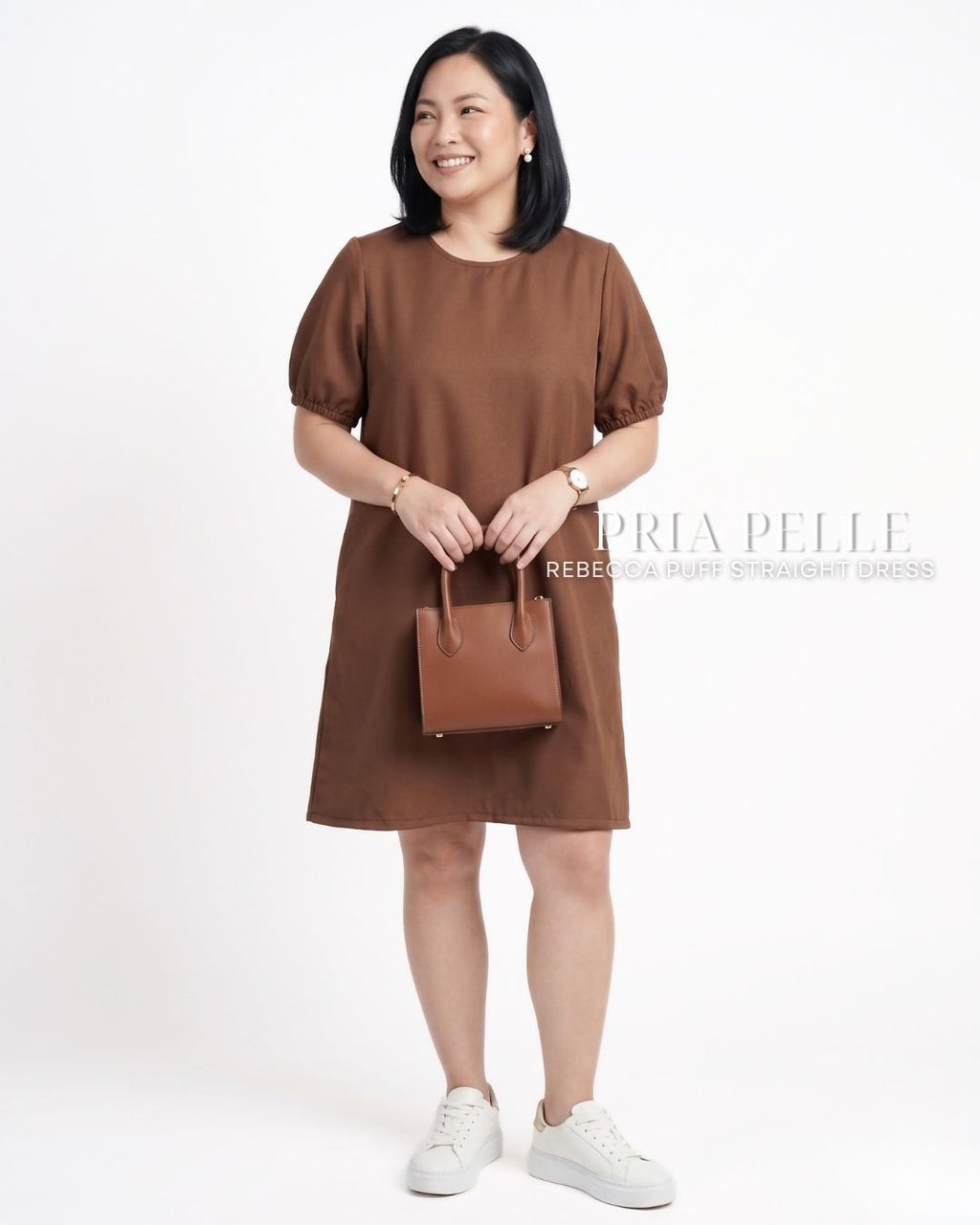 Pria Pelle Rebecca Puff Straight Dress | Soft Poly Cotton - Brown | Non Stretch