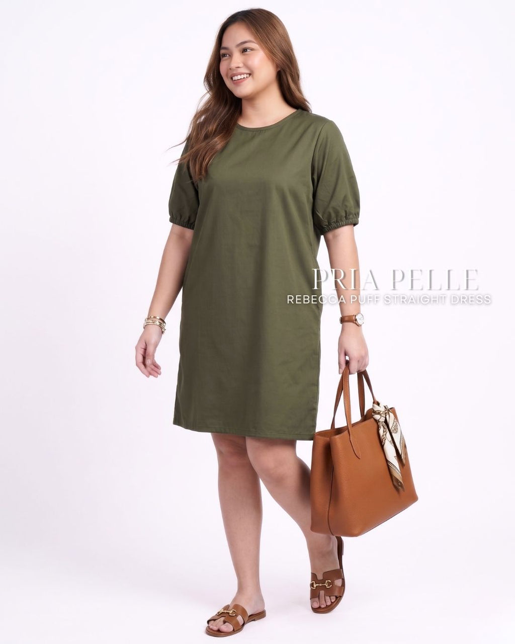 Pria Pelle Rebecca Puff Straight Dress | Cotton Blend Army Green - Non Stretch