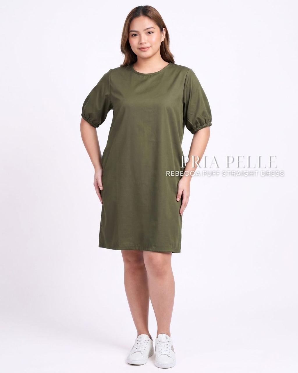 Pria Pelle Rebecca Puff Straight Dress | Cotton Blend Army Green - Non Stretch