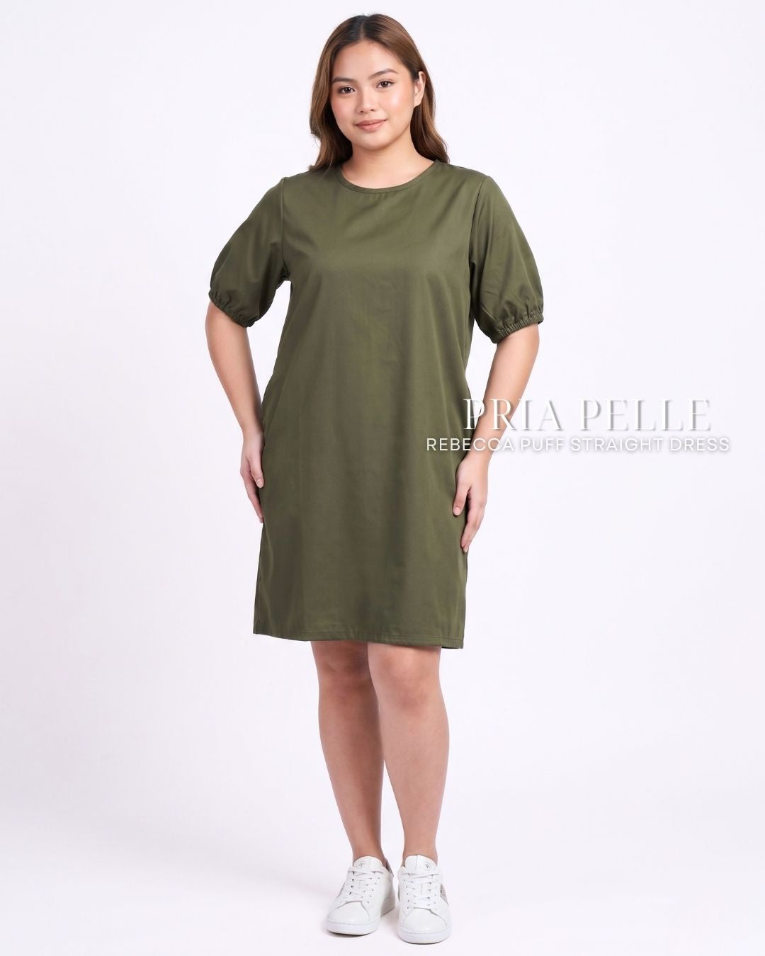 Pria Pelle Rebecca Puff Straight Dress | Cotton Blend Army Green - Non Stretch