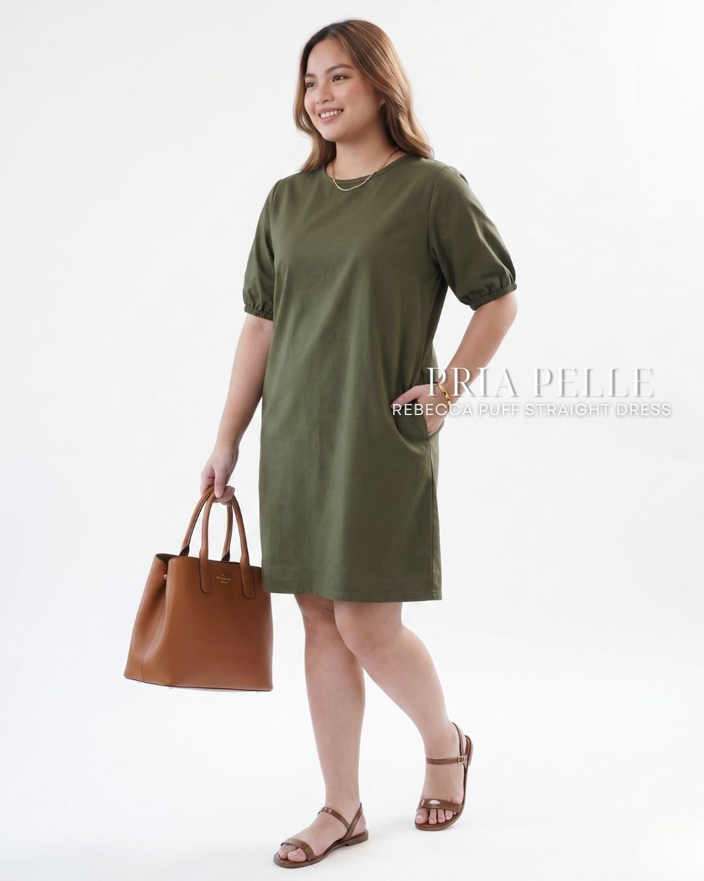 Pria Pelle Rebecca Puff Straight Dress | Cotton Blend Army Green - Non Stretch
