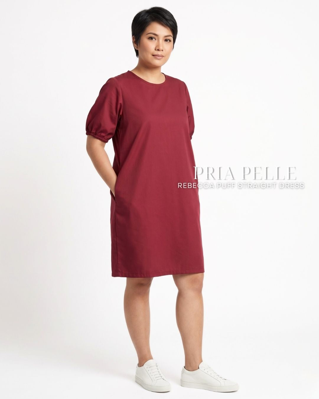 Pria Pelle Rebecca Puff Straight Dress | Cotton Blend Light Maroon - Non Stretch