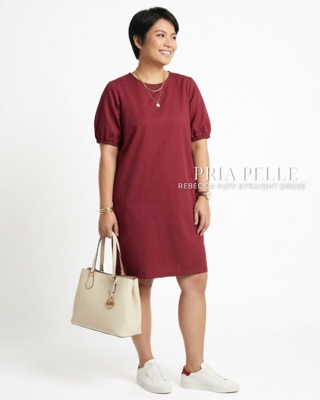 Pria Pelle Rebecca Puff Straight Dress | Cotton Blend Light Maroon - Non Stretch