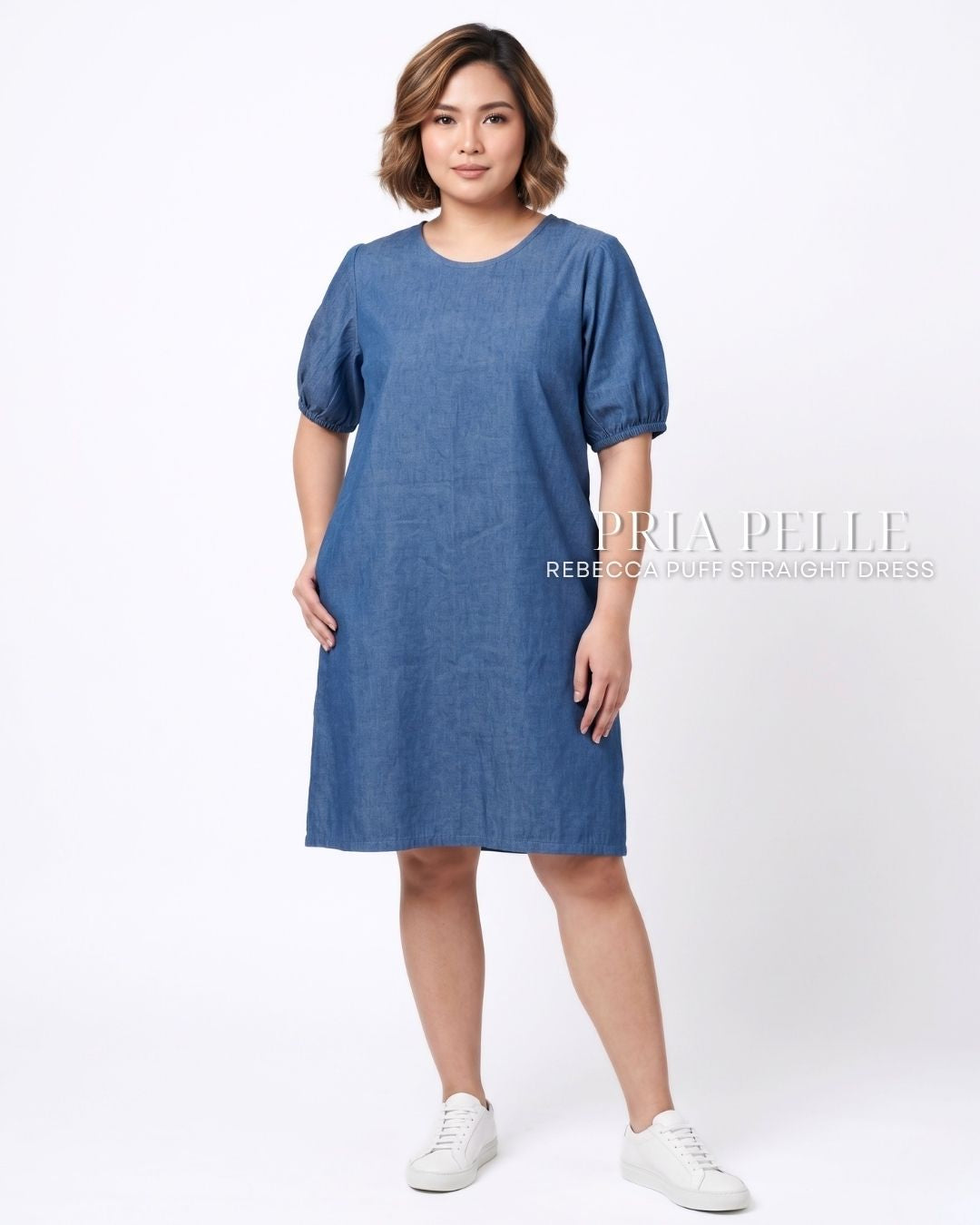 Pria Pelle Rebecca Puff Straight Dress | Soft Denim Blue - Non Stretch