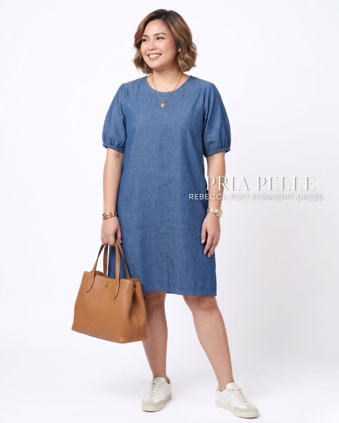 Pria Pelle Rebecca Puff Straight Dress | Soft Denim Blue - Non Stretch
