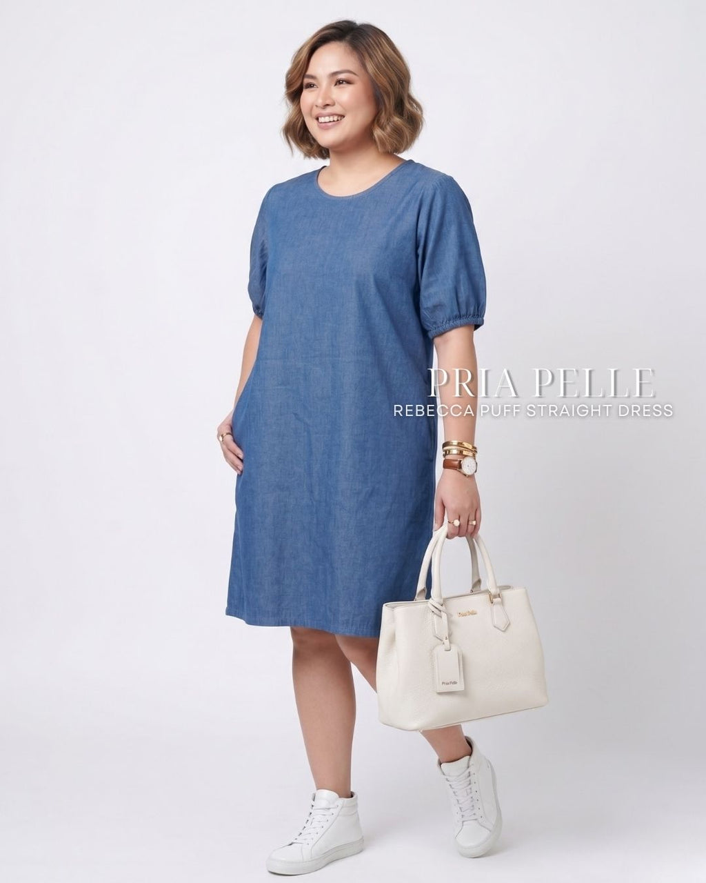 Pria Pelle Rebecca Puff Straight Dress | Soft Denim Blue - Non Stretch