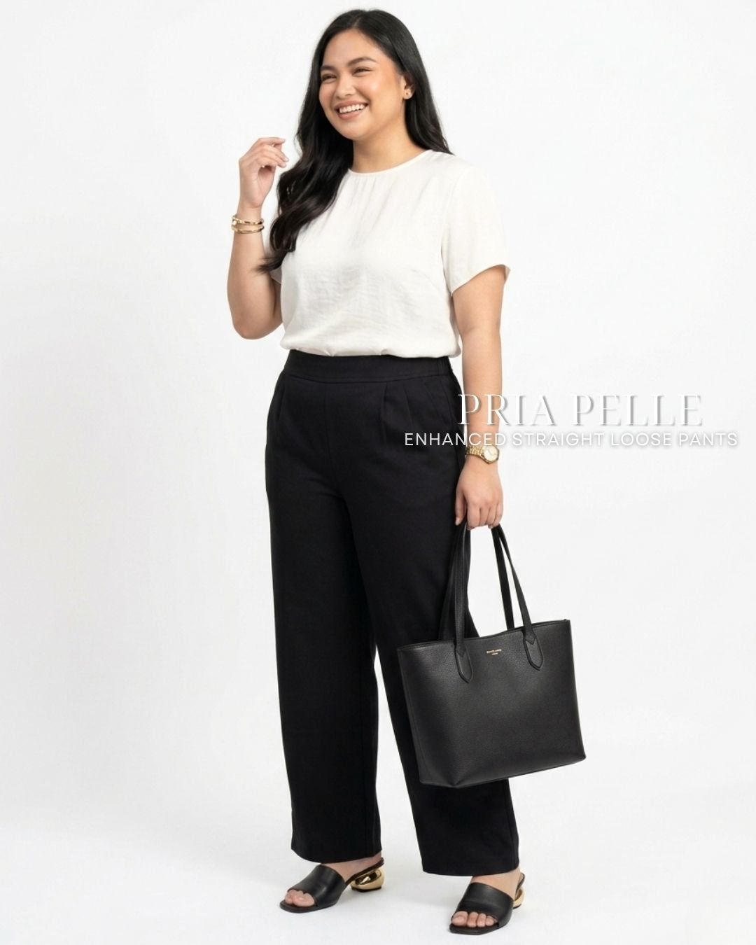 Pria Pelle Straight Loose Pleated Pants | Back Garter - Cotton Blend Black with Stretch