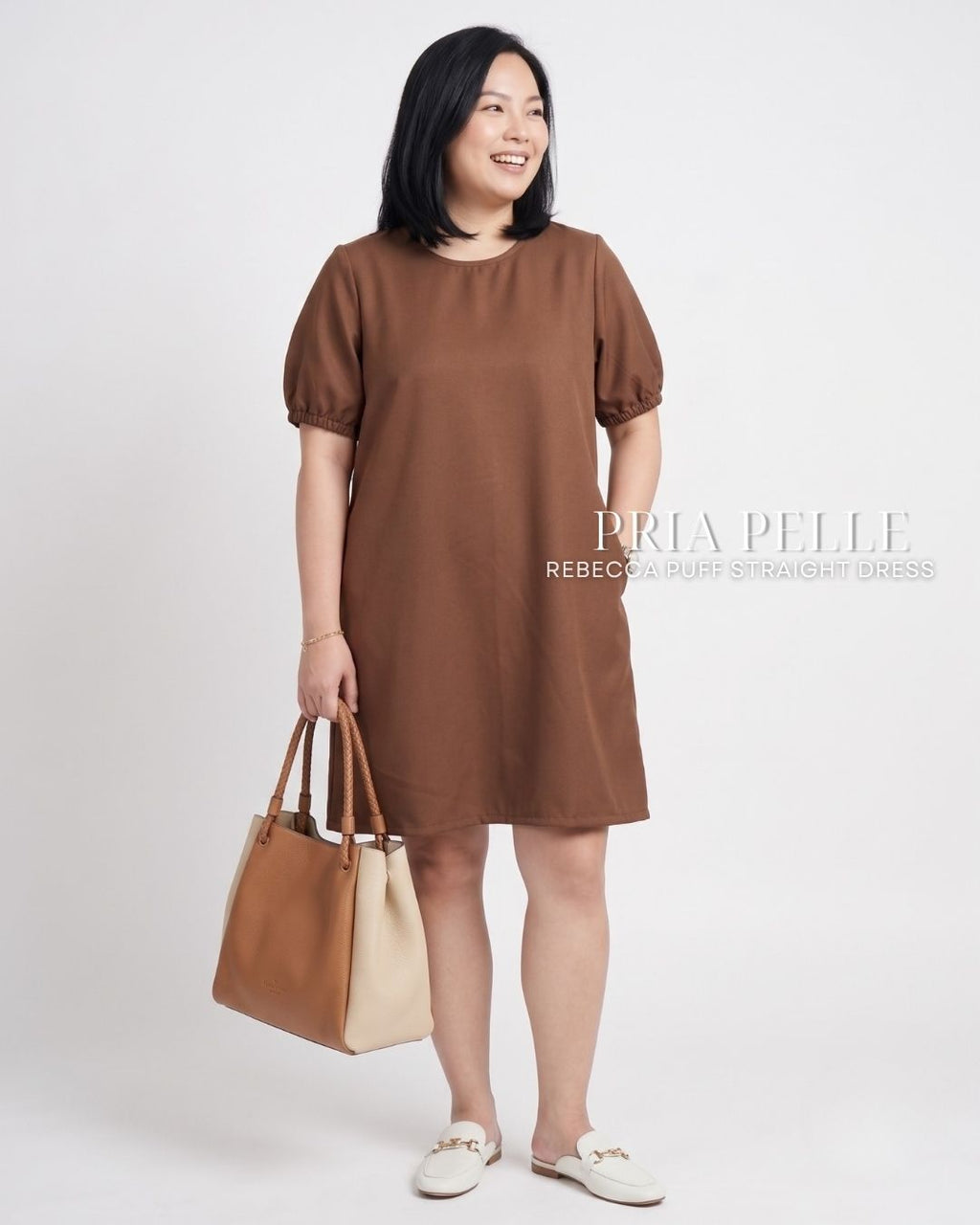 Pria Pelle Rebecca Puff Straight Dress | Soft Poly Cotton - Brown | Non Stretch