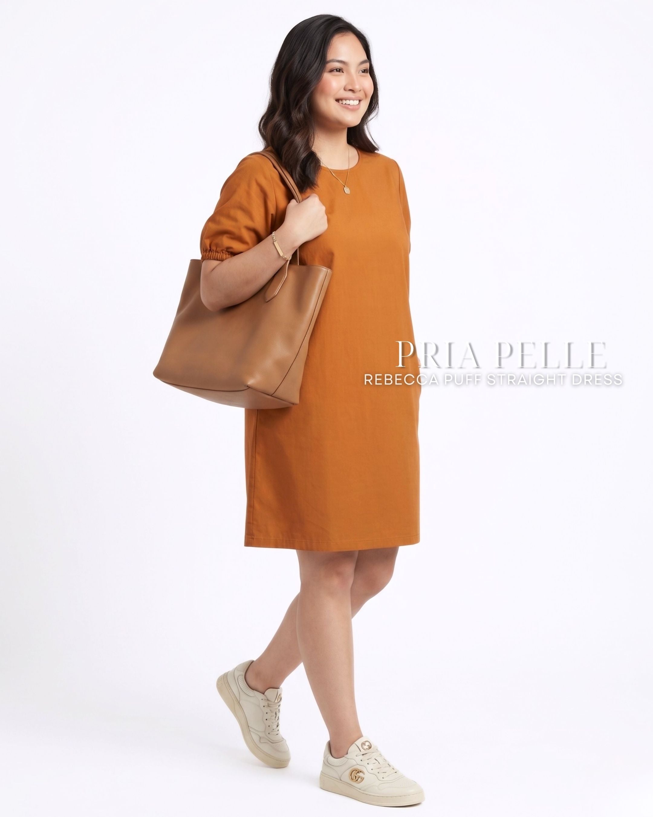 Pria Pelle Rebecca Puff Straight Dress | Cotton Blend Caramel Rust - Non Stretch