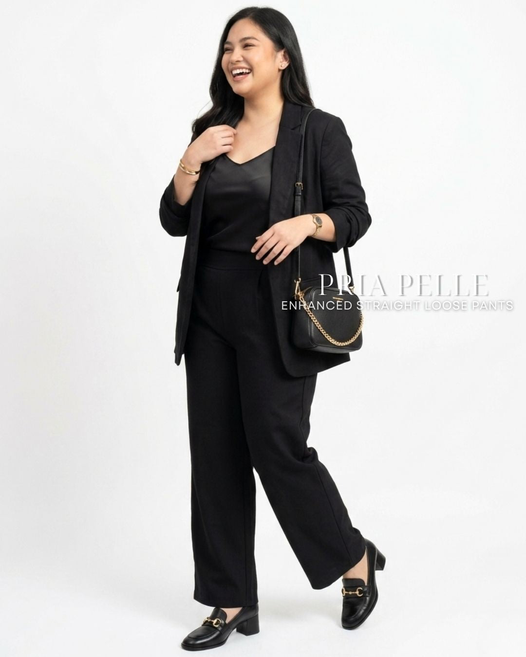 Pria Pelle Straight Loose Pleated Pants | Back Garter - Cotton Blend Black with Stretch